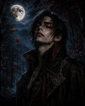 GRID THUMBNAIL — Androgynous vampire with bloodied lips in an ornate high-collared coat, gazing beneath a full moon in a dark autumn forest.