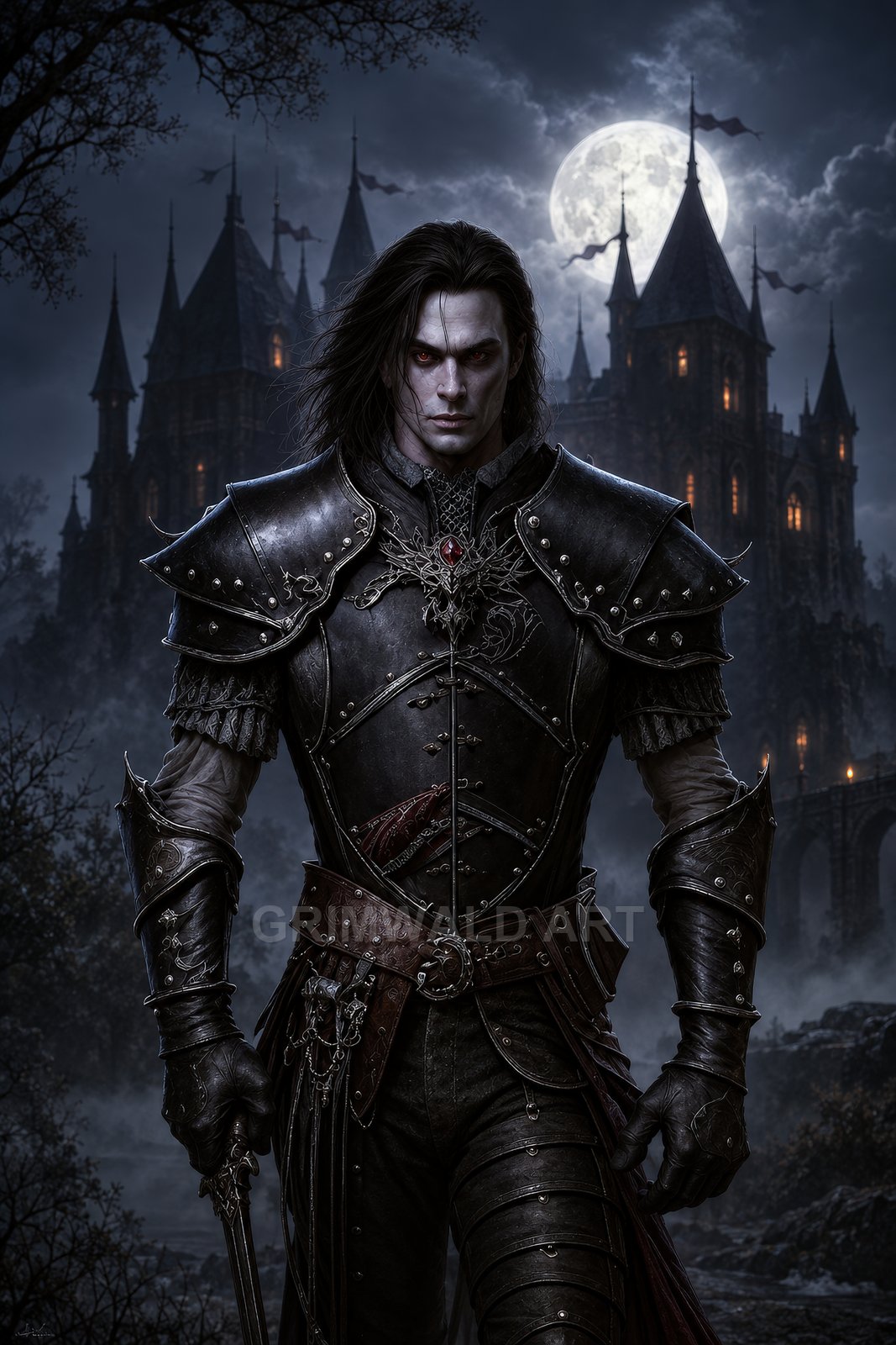 Armoured, pale vampire warrior with red eyes stands before a gothic castle under a full moon, gripping blades in a dark, misty night.
