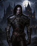 GRID THUMBNAIL — Armoured, pale vampire warrior with red eyes stands before a gothic castle under a full moon, gripping blades in a dark, misty night.