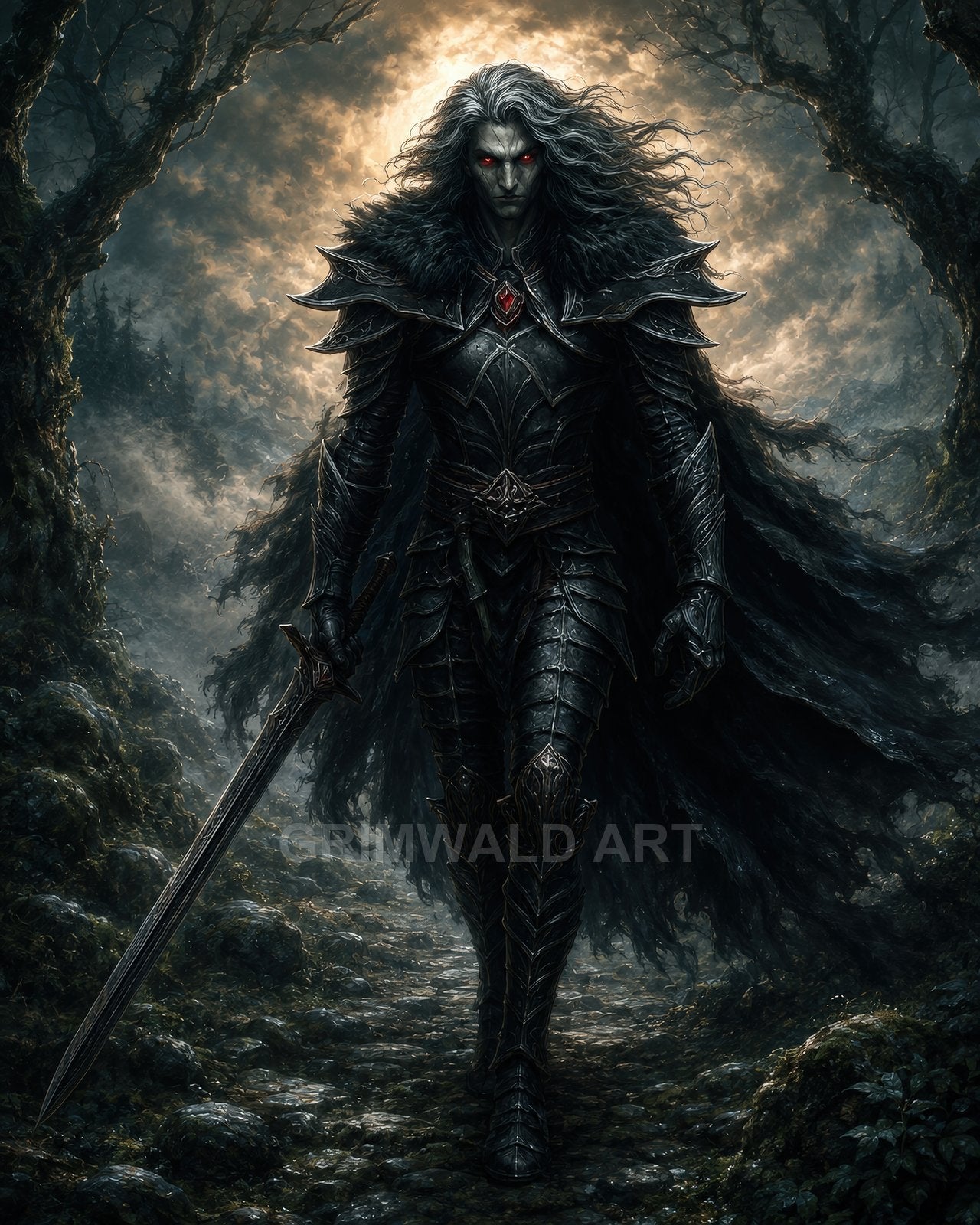 Armoured vampire with glowing red eyes strides through a dark forest, long silver hair streaming, sword in hand, backlit by a haloed moon.