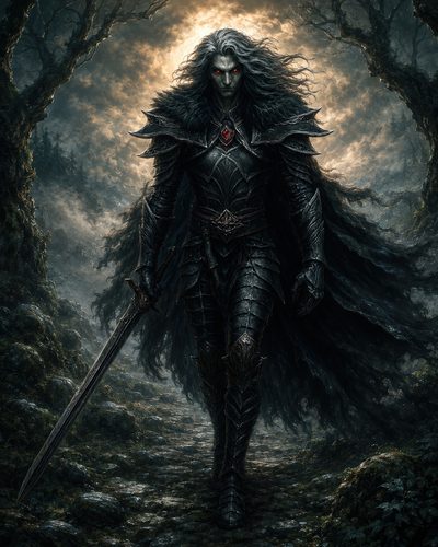 GRID THUMBNAIL — Armoured vampire with glowing red eyes strides through a dark forest, long silver hair streaming, sword in hand, backlit by a haloed moon.