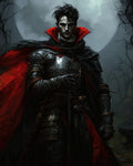 GRID THUMBNAIL — A pale, red‑eyed vampire knight in ornate black armour and a red-lined cloak holds a sword before a looming full moon.