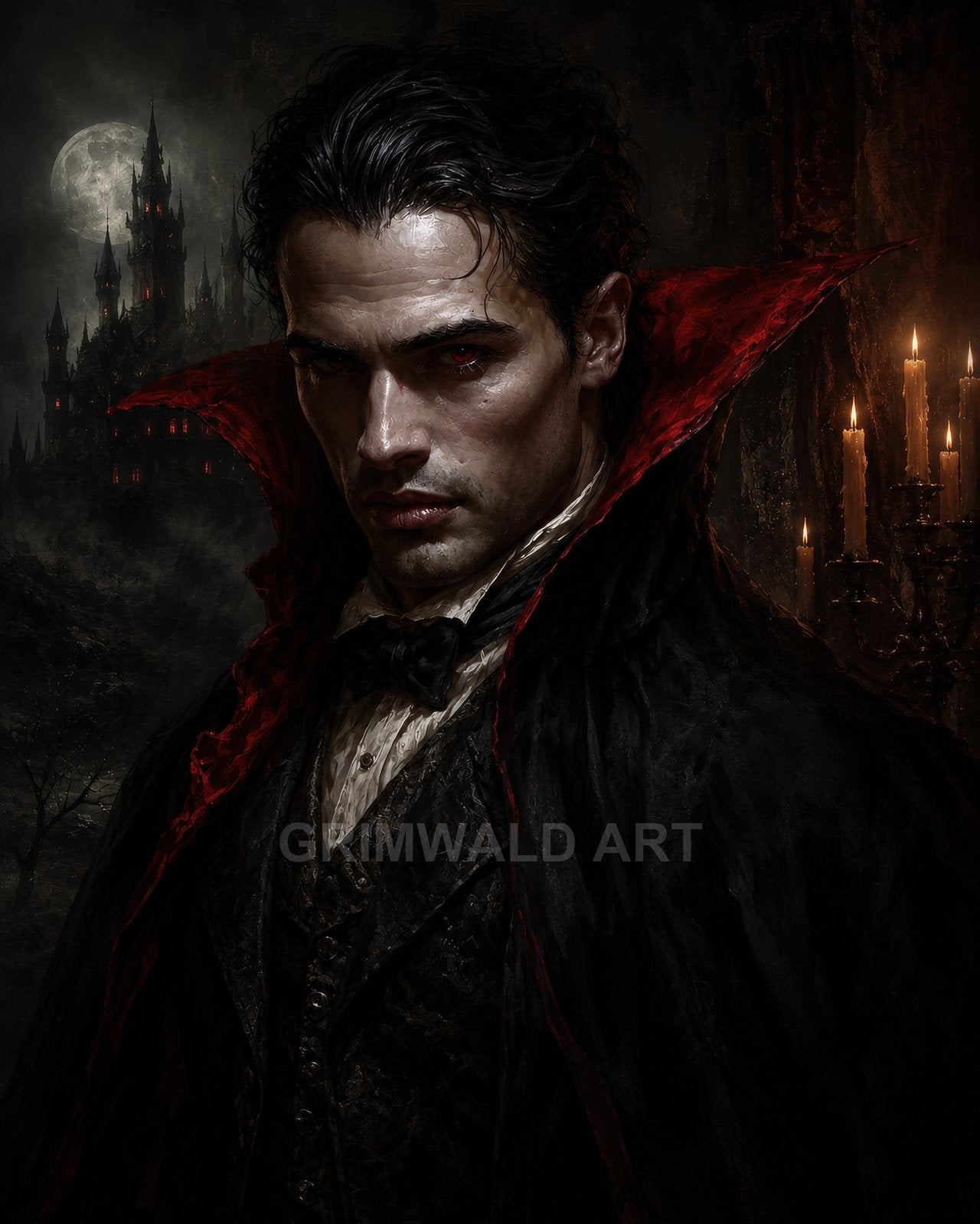 Portrait of a dark-haired vampire in a high-collared black cloak, red eyes glinting, with moonlit castle and candlelit interior in the background.