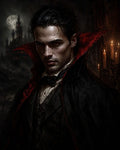 GRID THUMBNAIL — Portrait of a dark-haired vampire in a high-collared black cloak, red eyes glinting, with moonlit castle and candlelit interior in the background.