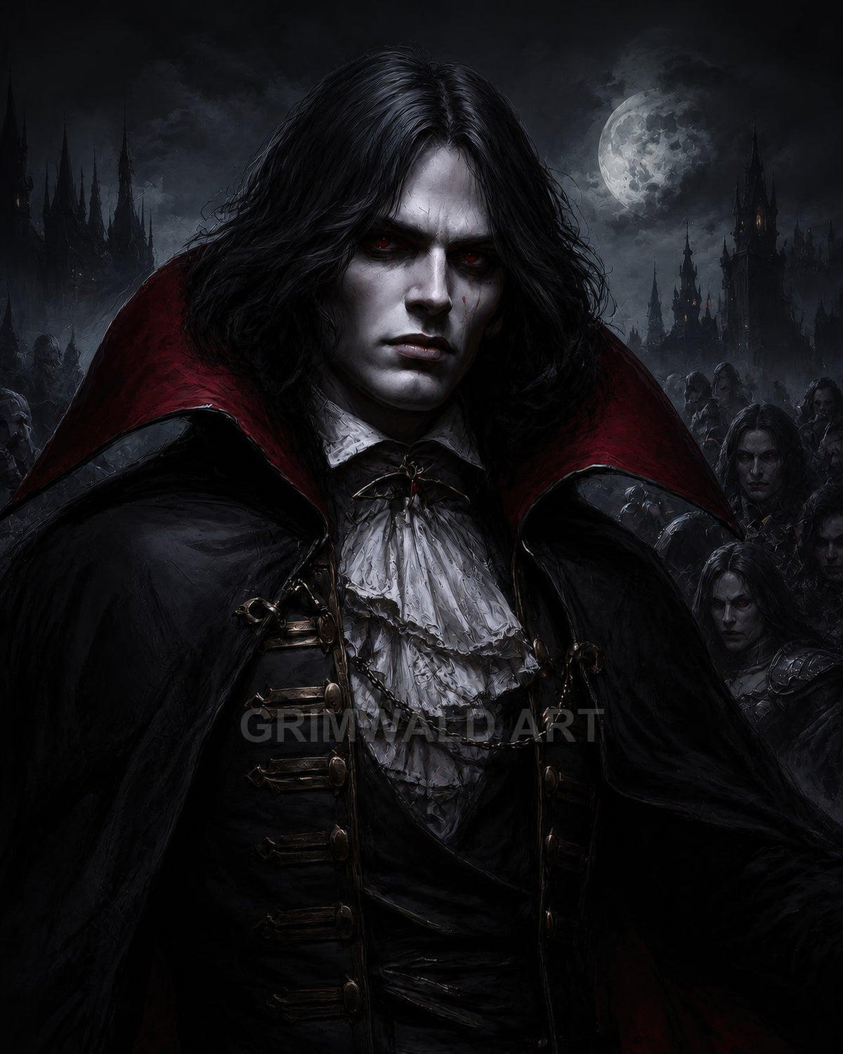 A pale, red-eyed vampire noble in a red-lined black cloak stands before gothic castle spires and a full moon, followers massed behind.