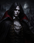 GRID THUMBNAIL — A pale, red-eyed vampire noble in a red-lined black cloak stands before gothic castle spires and a full moon, followers massed behind.