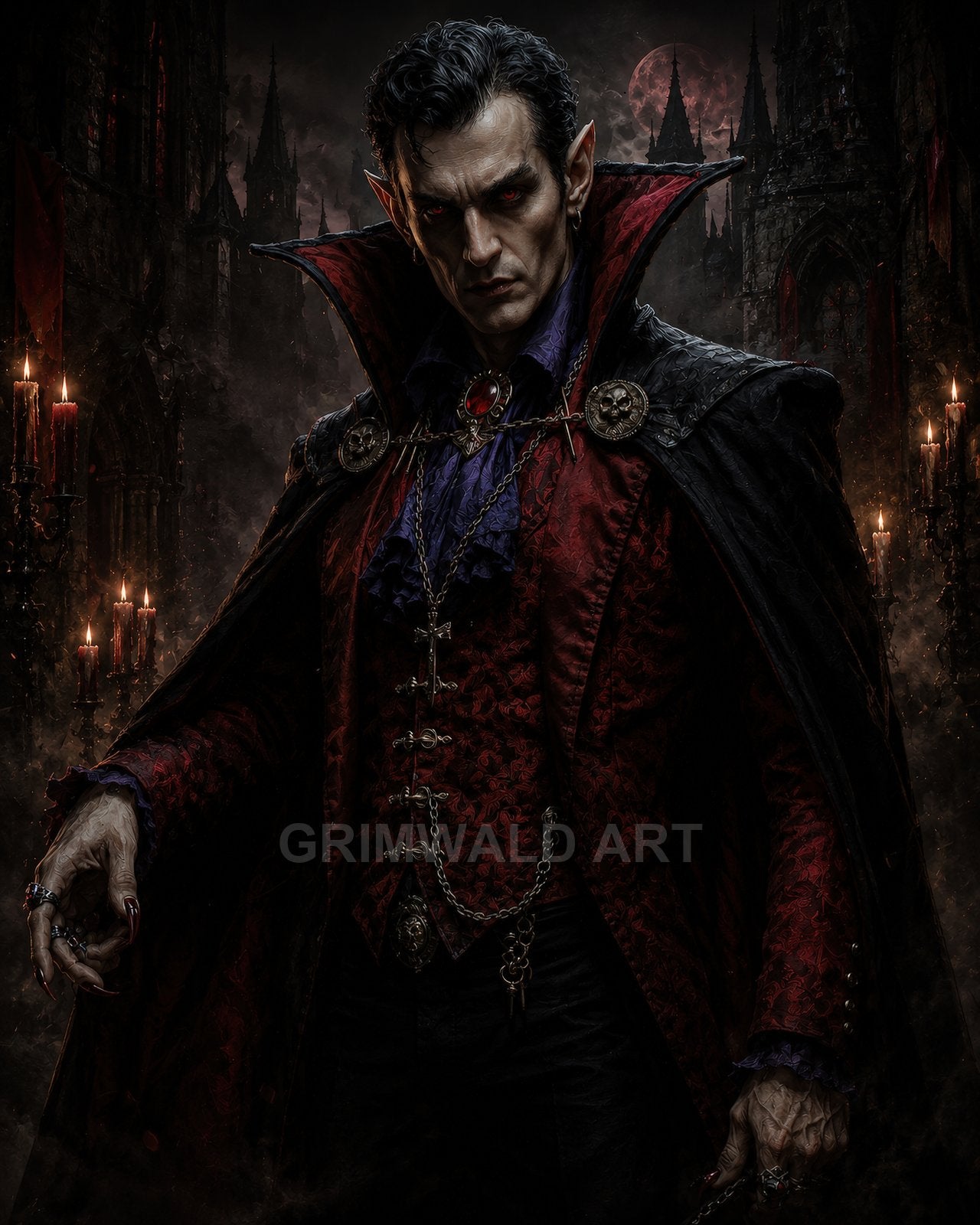 A pale male vampire in ornate crimson and black attire stands before a gothic castle at night, red eyes glowing beneath a blood moon.