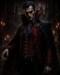 GRID THUMBNAIL — A pale male vampire in ornate crimson and black attire stands before a gothic castle at night, red eyes glowing beneath a blood moon.