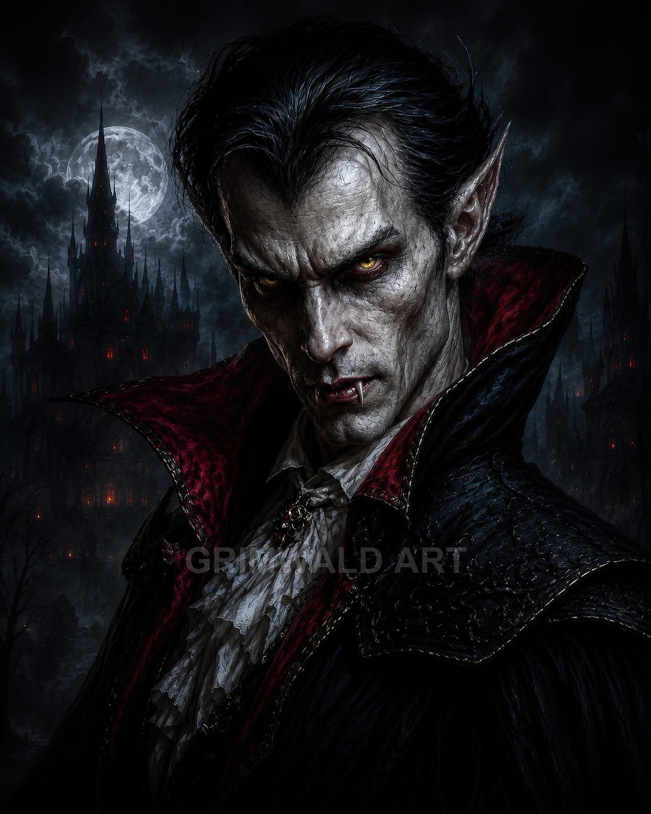 Pale male vampire with fangs and pointed ears in an ornate black cloak with crimson lining, before a moonlit gothic castle under a cloudy night sky.