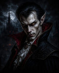 GRID THUMBNAIL — Pale male vampire with fangs and pointed ears in an ornate black cloak with crimson lining, before a moonlit gothic castle under a cloudy night sky.