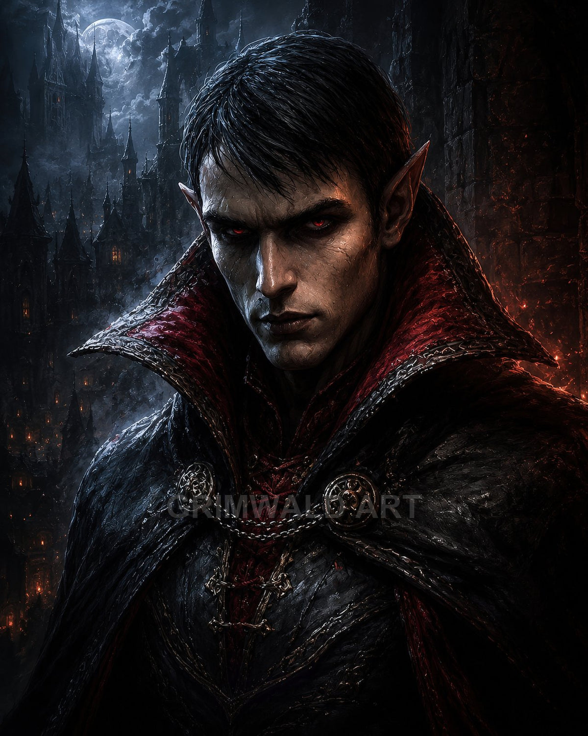 Pale male vampire with red eyes and pointed ears in ornate black cloak before moonlit gothic castle, dramatic shadows and embered highlights.