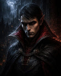 GRID THUMBNAIL — Pale male vampire with red eyes and pointed ears in ornate black cloak before moonlit gothic castle, dramatic shadows and embered highlights.