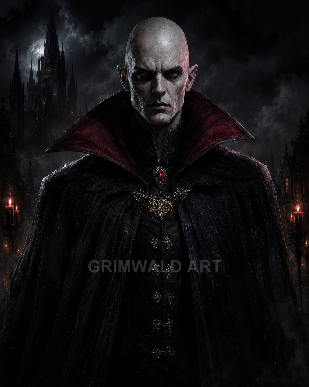 Bald, pale vampire lord with red eyes and ornate black cloak stands before a moonlit gothic castle, flanked by burning candelabras in dark night.