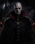 GRID THUMBNAIL — Bald, pale vampire lord with red eyes and ornate black cloak stands before a moonlit gothic castle, flanked by burning candelabras in dark night.