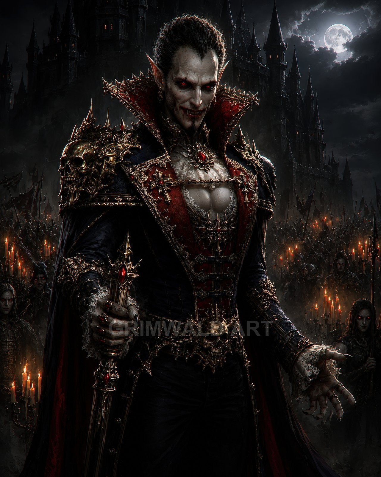 Regal vampire lord in ornate armour holds a jewelled sword before a moonlit gothic castle, surrounded by red-eyed followers carrying candles.