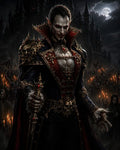 GRID THUMBNAIL — Regal vampire lord in ornate armour holds a jewelled sword before a moonlit gothic castle, surrounded by red-eyed followers carrying candles.