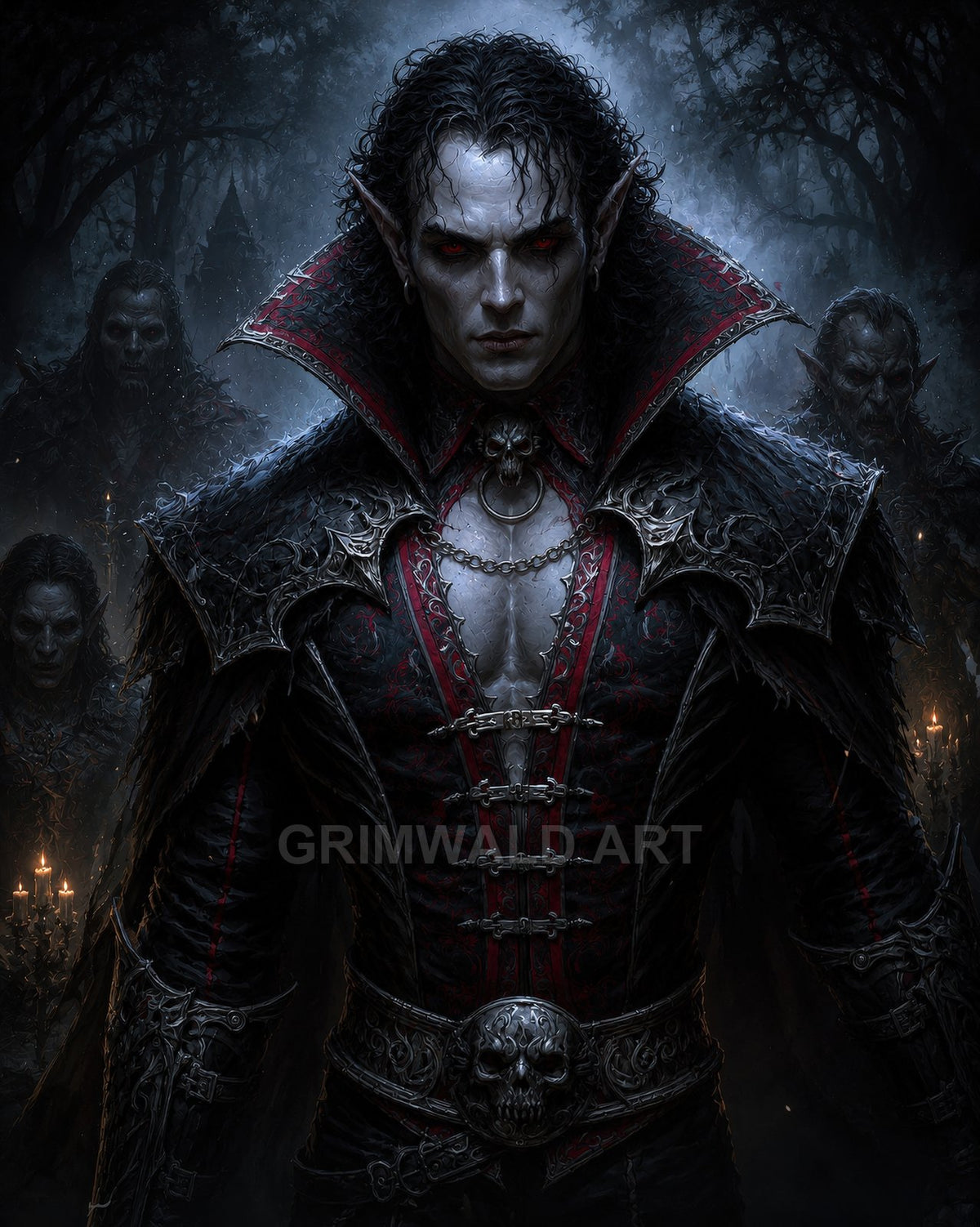 A pale, red-eyed vampire lord in spiked black and crimson armour stands in a moonlit forest, flanked by shadowy acolytes and a distant castle.