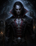 GRID THUMBNAIL — A pale, red-eyed vampire lord in spiked black and crimson armour stands in a moonlit forest, flanked by shadowy acolytes and a distant castle.