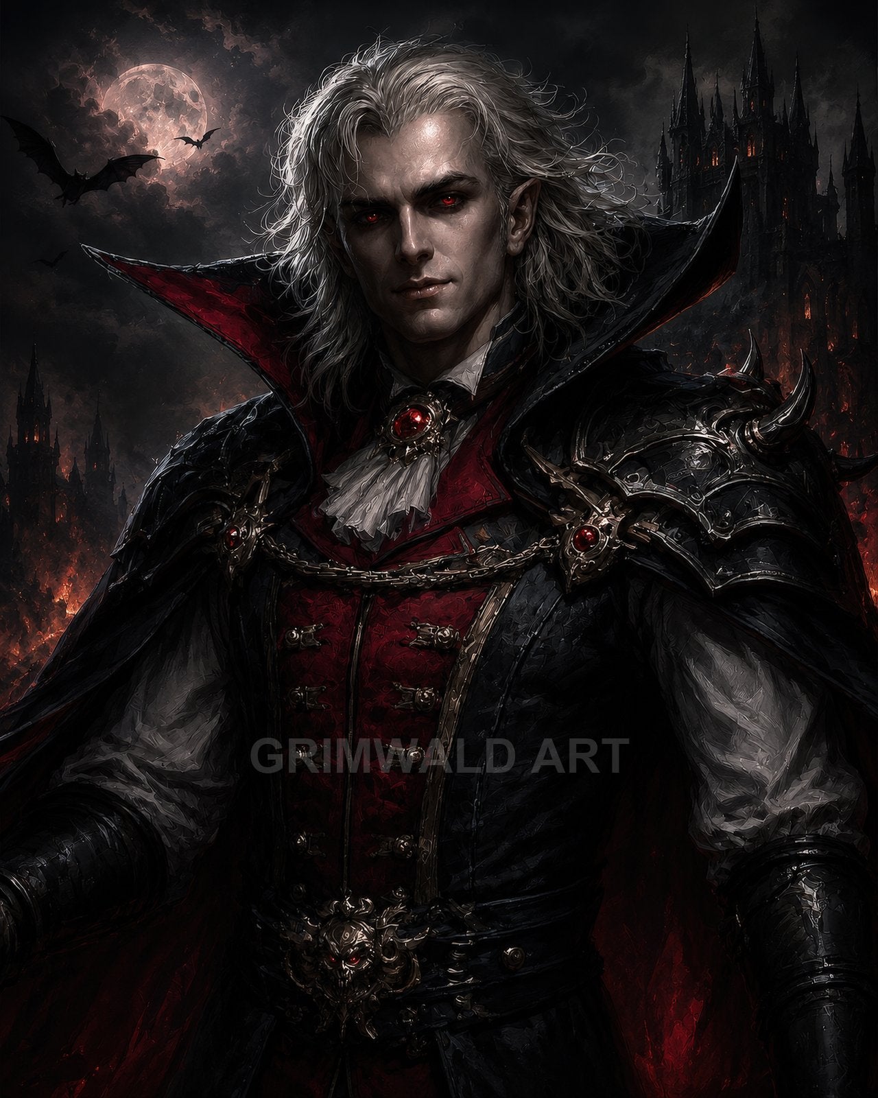 Pale male-presenting vampire with red eyes and ornate black-and-crimson armour before a spired castle under a blood moon, bats circling.