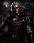 GRID THUMBNAIL — Pale male-presenting vampire with red eyes and ornate black-and-crimson armour before a spired castle under a blood moon, bats circling.