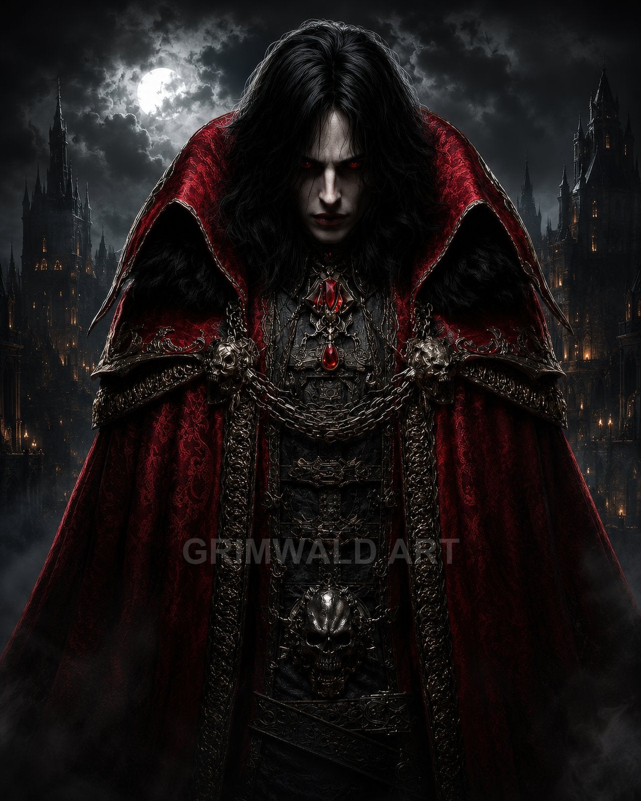 Pale vampire noble with red eyes and ornate crimson cape stands before a gothic castle under a full moon, chains and jewels gleaming.