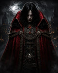 GRID THUMBNAIL — Pale vampire noble with red eyes and ornate crimson cape stands before a gothic castle under a full moon, chains and jewels gleaming.