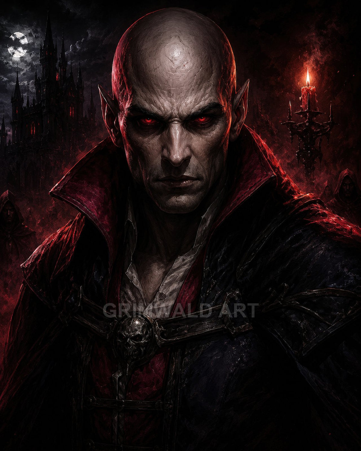 Bald male vampire with glowing red eyes and a high-collared cloak before a moonlit gothic castle, candlelight flickering and hooded figures lurking in shadow.