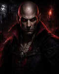 GRID THUMBNAIL — Bald male vampire with glowing red eyes and a high-collared cloak before a moonlit gothic castle, candlelight flickering and hooded figures lurking in shadow.