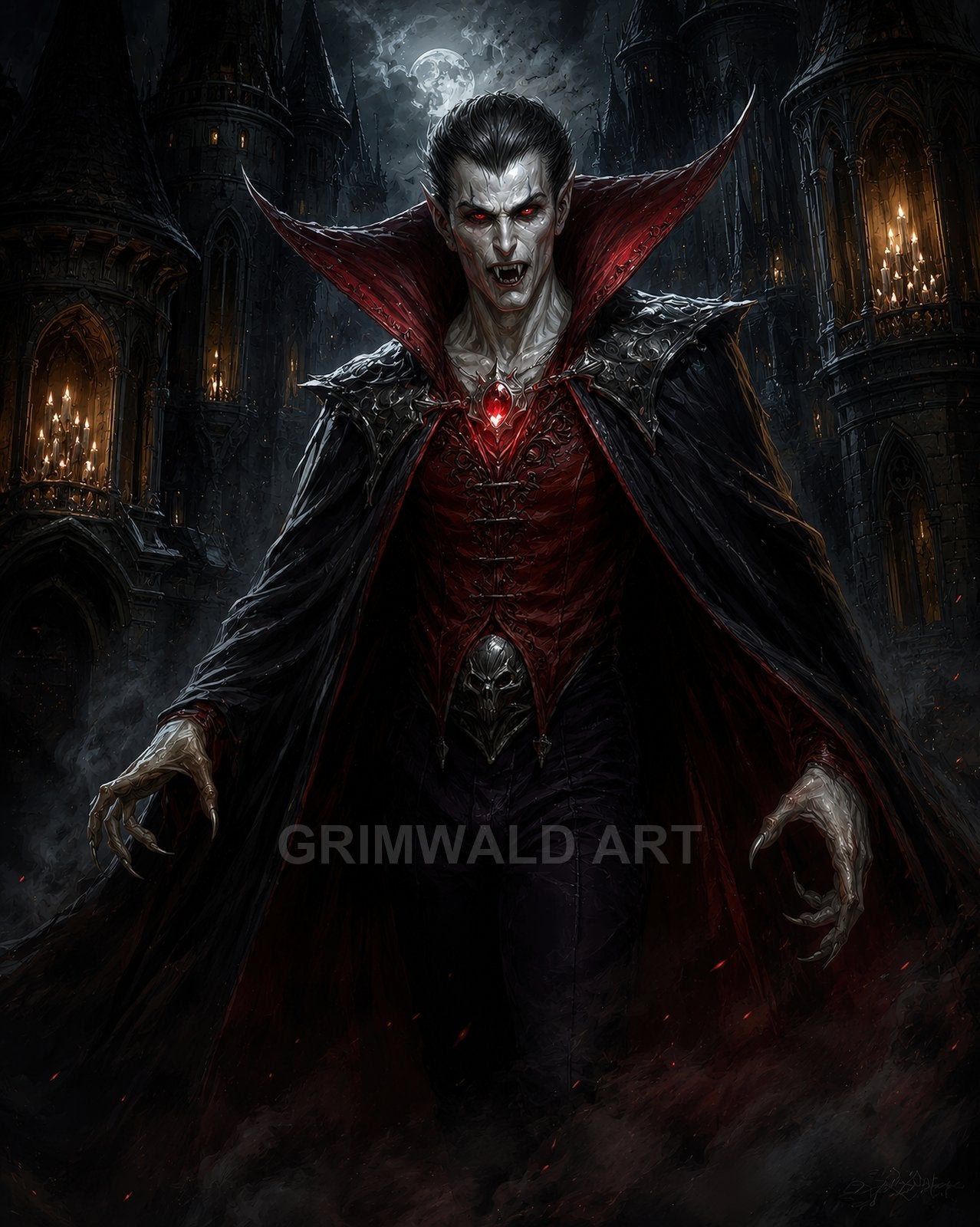 Moonlit portrait of a male vampire with fangs and clawed hands, red jewel and high-collared cloak, approaching before a gothic castle.