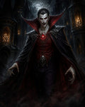 GRID THUMBNAIL — Moonlit portrait of a male vampire with fangs and clawed hands, red jewel and high-collared cloak, approaching before a gothic castle.