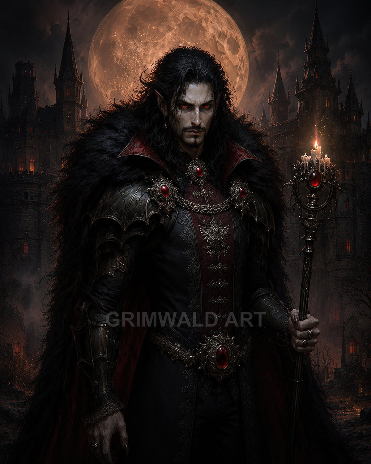 A male vampire in ornate black armour and fur cloak holds a jewel-tipped staff before a gothic castle under a huge moon.