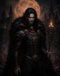 GRID THUMBNAIL — A male vampire in ornate black armour and fur cloak holds a jewel-tipped staff before a gothic castle under a huge moon.