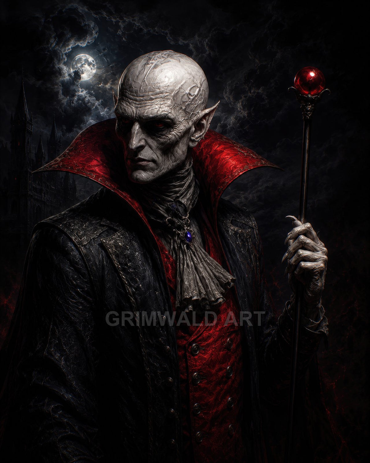 Pale, bald vampire noble with red-lined collar holds a staff with red orb before a moonlit gothic castle under stormy clouds.