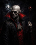 GRID THUMBNAIL — Pale, bald vampire noble with red-lined collar holds a staff with red orb before a moonlit gothic castle under stormy clouds.