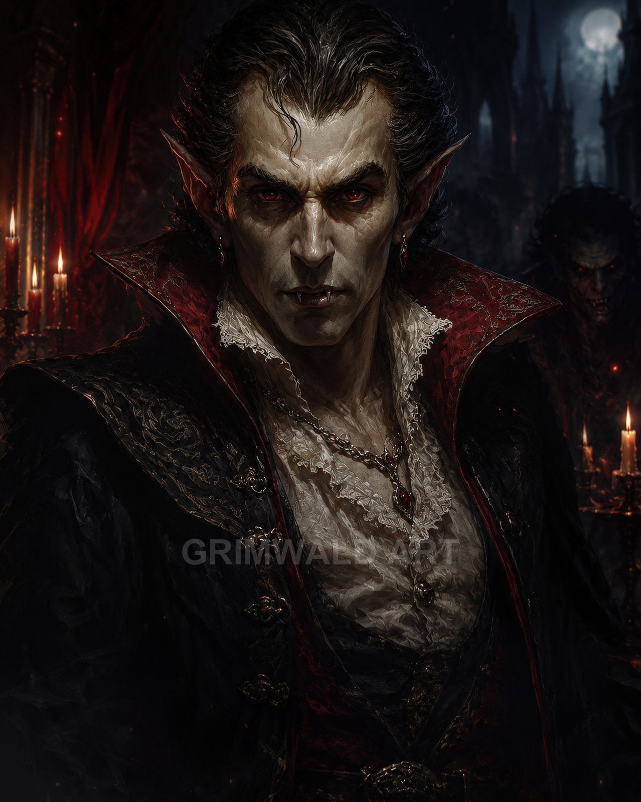 Pale, red-eyed vampire noble with fangs and ornate gothic attire stands amid candles, moonlit castle spires looming in the shadowed background.