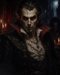 GRID THUMBNAIL — Pale, red-eyed vampire noble with fangs and ornate gothic attire stands amid candles, moonlit castle spires looming in the shadowed background.