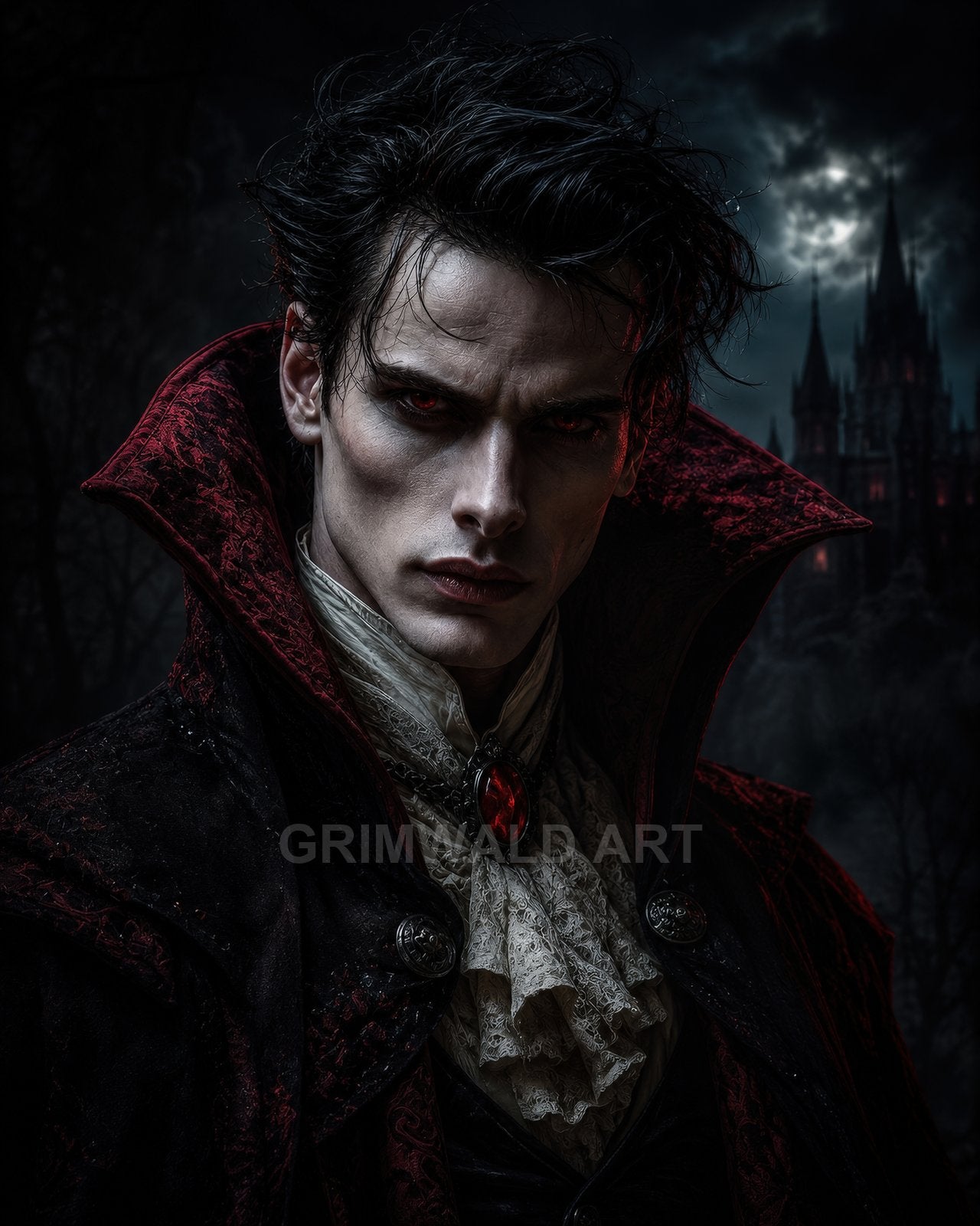 A pale male vampire with crimson eyes and a high-collared cloak stands before a moonlit gothic castle, wearing a lace cravat and red gemstone pendant.
