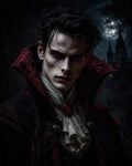 GRID THUMBNAIL — A pale male vampire with crimson eyes and a high-collared cloak stands before a moonlit gothic castle, wearing a lace cravat and red gemstone pendant.