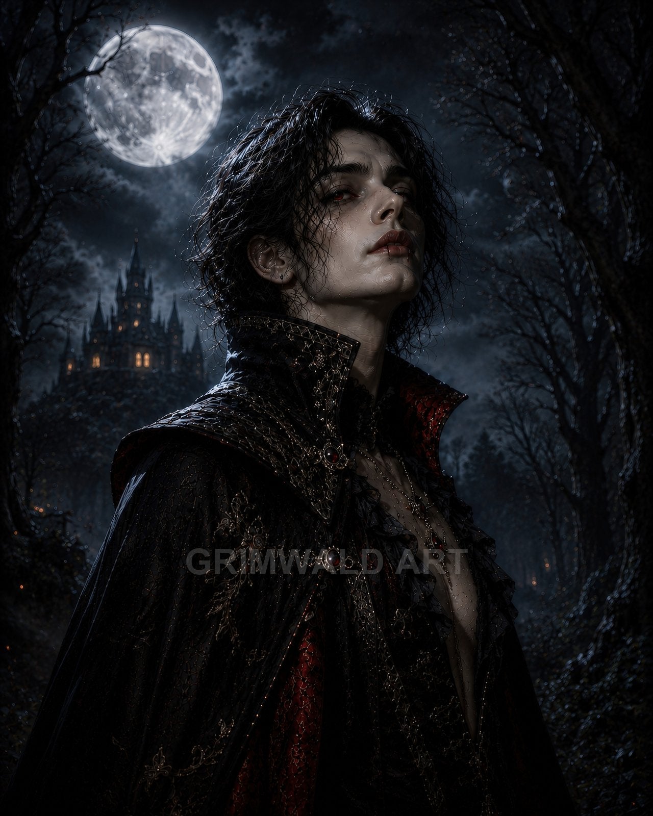 Androgynous vampire in an ornate black and red cloak under a full moon, standing in a dark forest with a distant gothic castle.