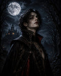 GRID THUMBNAIL — Androgynous vampire in an ornate black and red cloak under a full moon, standing in a dark forest with a distant gothic castle.