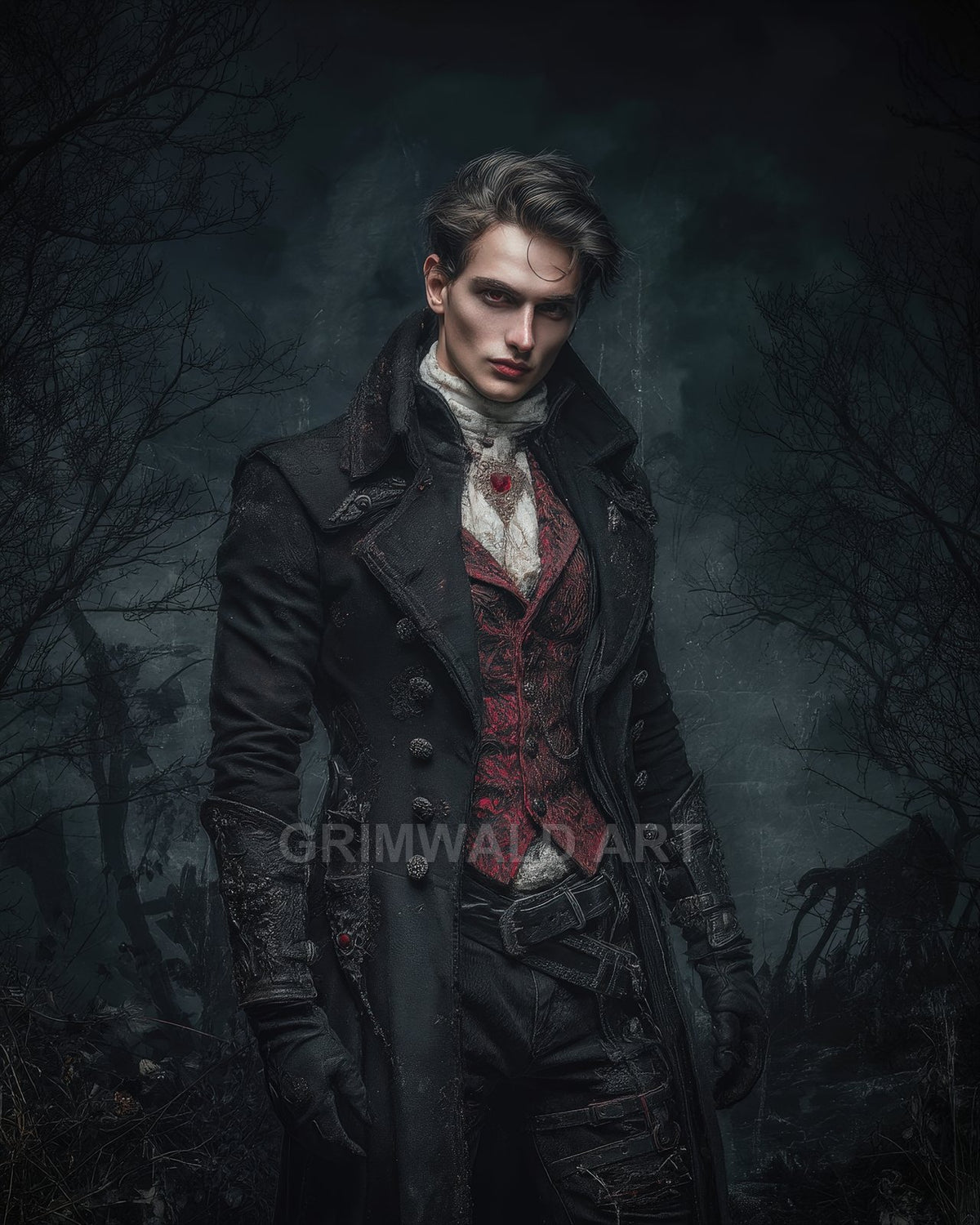 Pale male vampire in a long black coat and crimson waistcoat stands in a moonlit, barren forest, staring forward with a cold, enigmatic gaze.