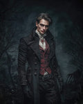 GRID THUMBNAIL — Pale male vampire in a long black coat and crimson waistcoat stands in a moonlit, barren forest, staring forward with a cold, enigmatic gaze.