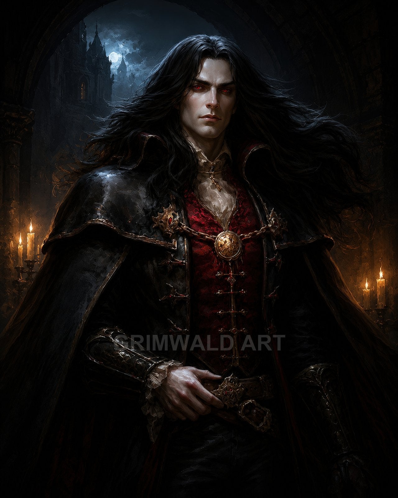 Pale red-eyed vampire noble with long black hair and ornate crimson waistcoat stands in a candlelit castle archway under a moonlit sky.