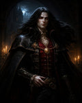 GRID THUMBNAIL — Pale red-eyed vampire noble with long black hair and ornate crimson waistcoat stands in a candlelit castle archway under a moonlit sky.