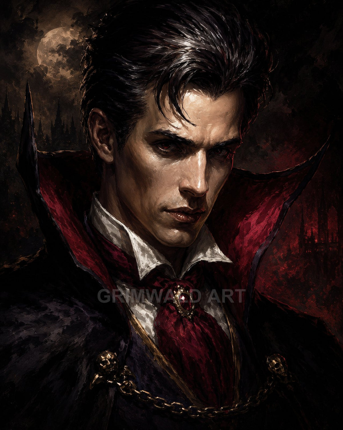 Portrait of a pale male vampire with red eyes, crimson cravat and jewelled pin, high collar, moonlit castle spires looming in the background.