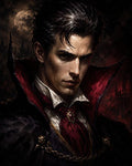 GRID THUMBNAIL — Portrait of a pale male vampire with red eyes, crimson cravat and jewelled pin, high collar, moonlit castle spires looming in the background.