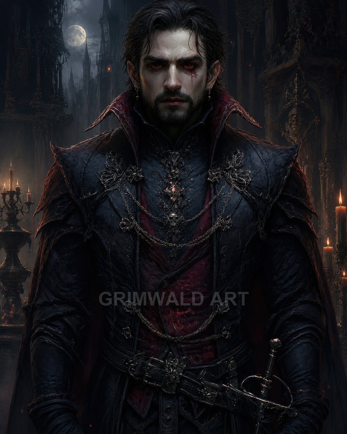 A pale aristocratic vampire in ornate dark armour and crimson vest stands in a candlelit gothic hall, moonlit windows behind, holding a rapier.