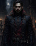 GRID THUMBNAIL — A pale aristocratic vampire in ornate dark armour and crimson vest stands in a candlelit gothic hall, moonlit windows behind, holding a rapier.