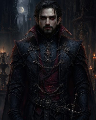GRID THUMBNAIL — A pale aristocratic vampire in ornate dark armour and crimson vest stands in a candlelit gothic hall, moonlit windows behind, holding a rapier.