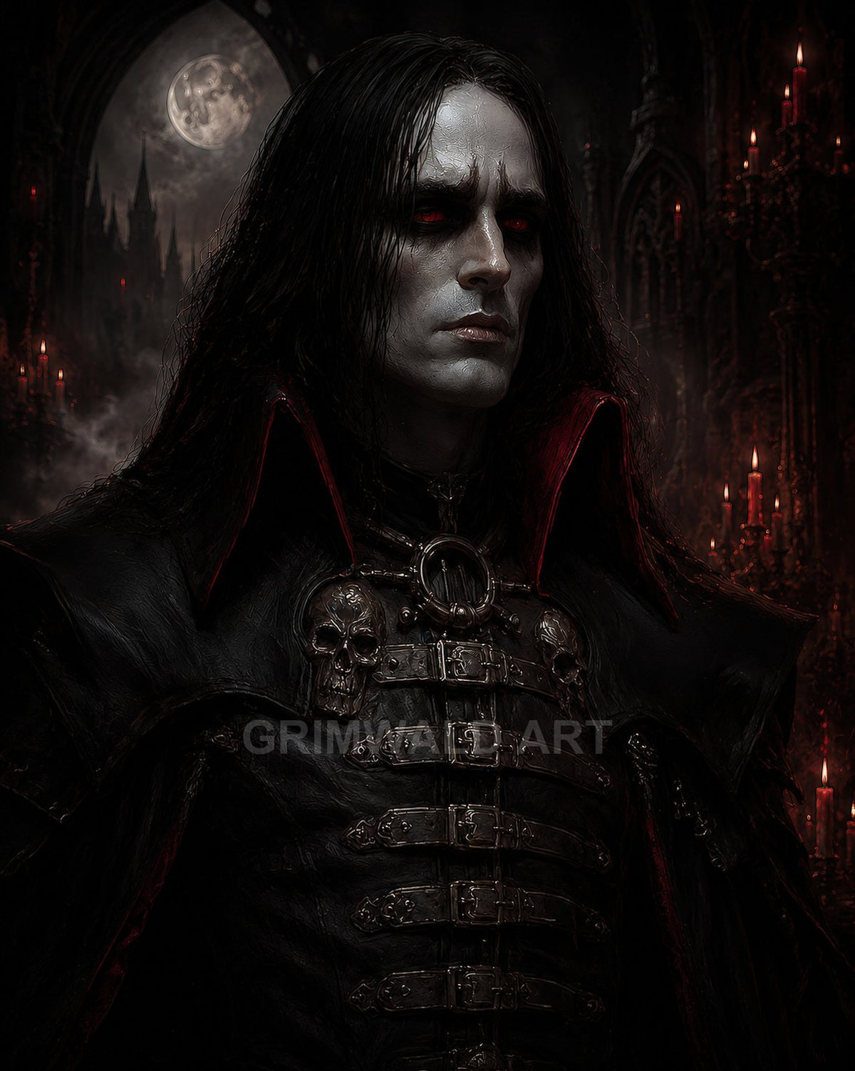 Red-eyed vampire with pale skin and long black hair in skull-trimmed armour, standing in a candlelit gothic cathedral under a looming full moon.